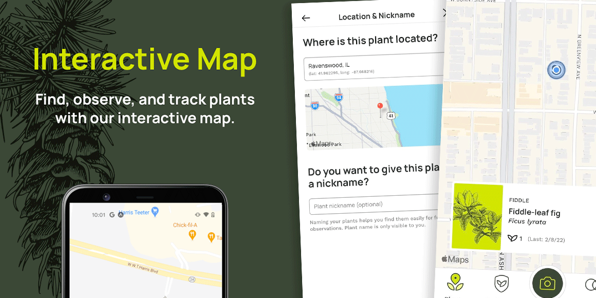 A graphic containing multiple screenshots of a 'show your plant on this map' mobile UI