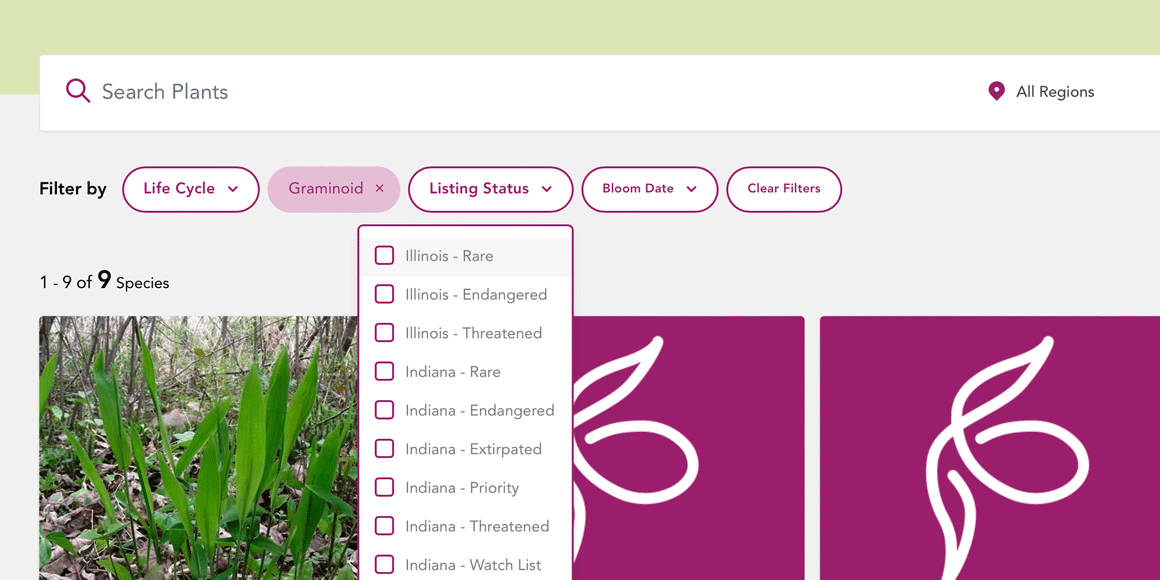 A screenshot of a filtered search interface for plants